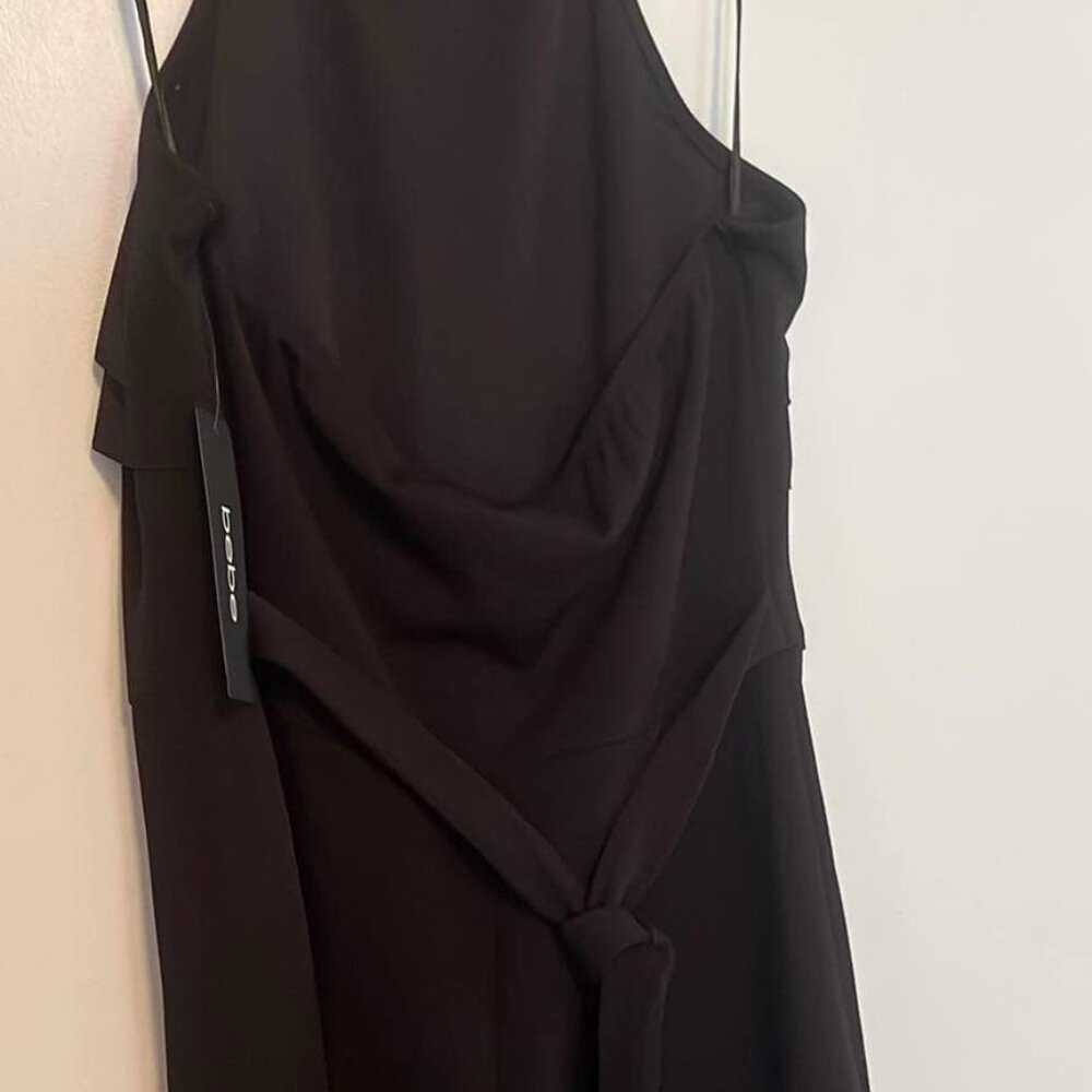 BEBE Jumpsuit Ruffled Halter Top Belted Wide Leg Pant Romper, Sz 8 60s 70s Party